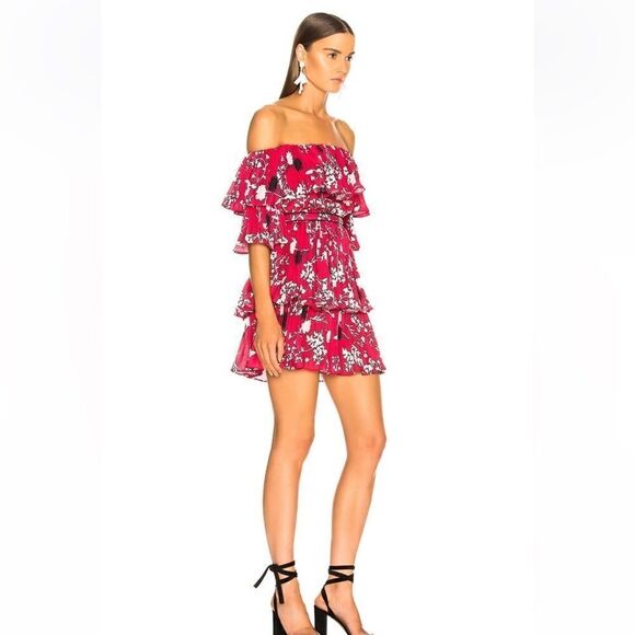 Self Portrait off shoulder pleated floral pattern mini dress - size 2 - Picture 3 of 12